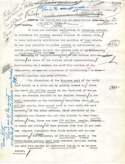 The reading copy of the speech he gave at Cairo, Egypt in April, 1946, a gift to Mrs. Katharine Milbank.