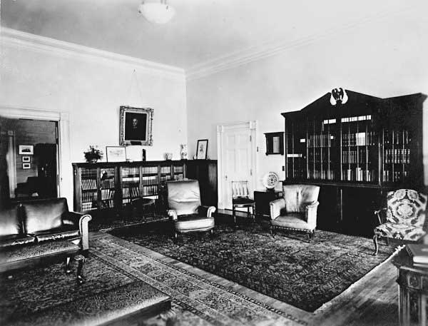 Bookshelves in President Hoover's private study in the refurbished "Lincoln Bedroom."