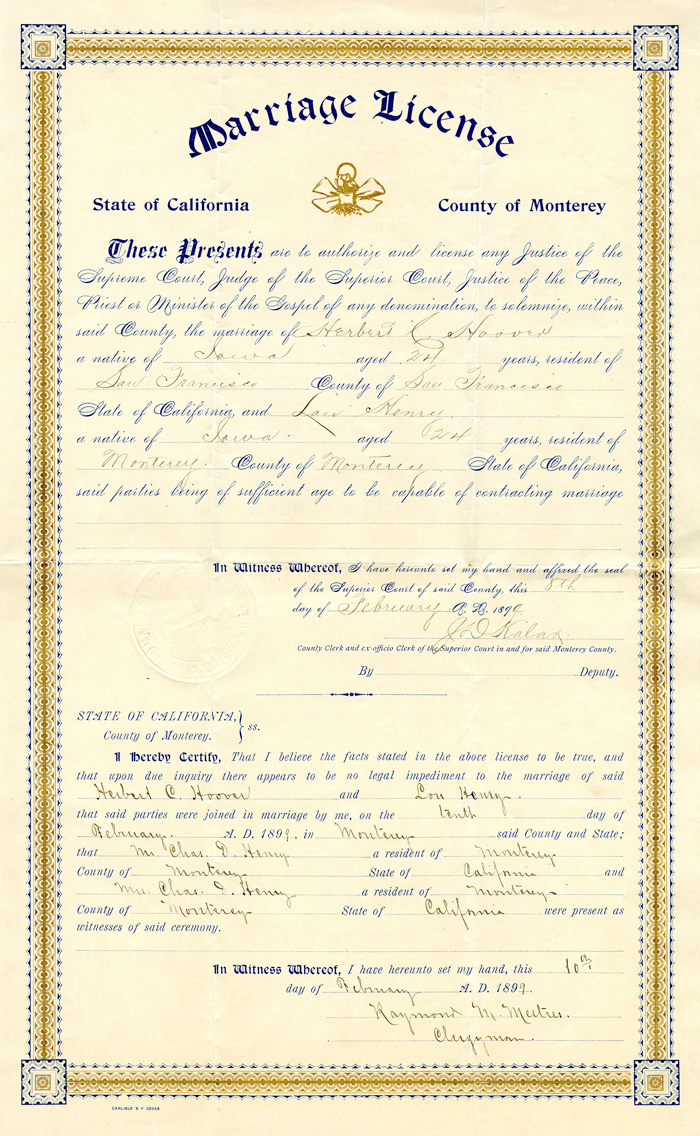 Marriage license of Herbert and Lou Henry Hoover.