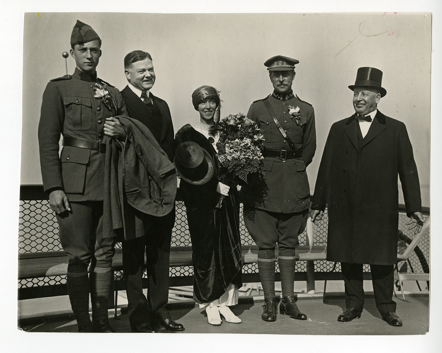 Visit of King Albert of Belgium, Queen Elizabeth and Crown Prince Leopold to San Francisco on ferry boat crossing the bay with Herbert Hoover and Gov. William D. Stephens. ca. 1919