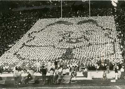 "A unique portrait of Herbert Hoover as formed by the cheering section of the University of California during a Cal-Stanford football game." 11/27/1928