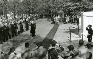 Herbert Hoover leading a Veterans Day observance at the tomb of the unknown soldier at the Arlington National Cemetary. 11/11/1955