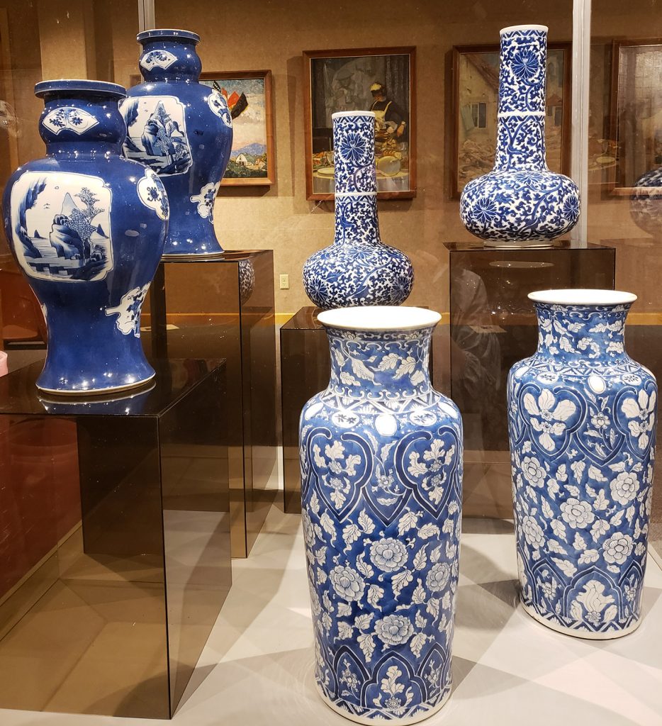 A collection of blue and white china pieces belonging to the Hoovers.