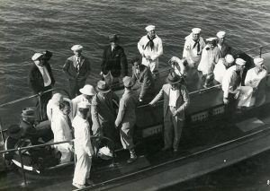 These journalists weren't late for the boat! Journalists preparing to board the USS Maryland from the barge - Good Will tour, 1928.